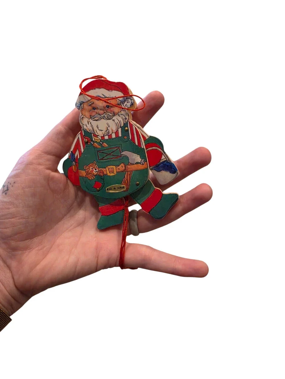 Vintage Midwest Importer Pull String Santa Wood Ornament Jointed Two Sided Decor